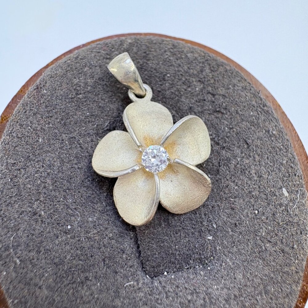 VTG Sterling Silver 925 Cubic Zirconia Puffed Flower Pendant Size 1.75" Length